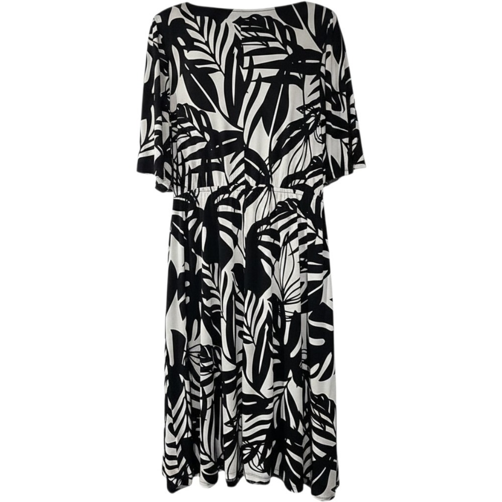 Girl With Curves Black White Palm Print V-Neck Flutter Sleeve Midi Dress SP